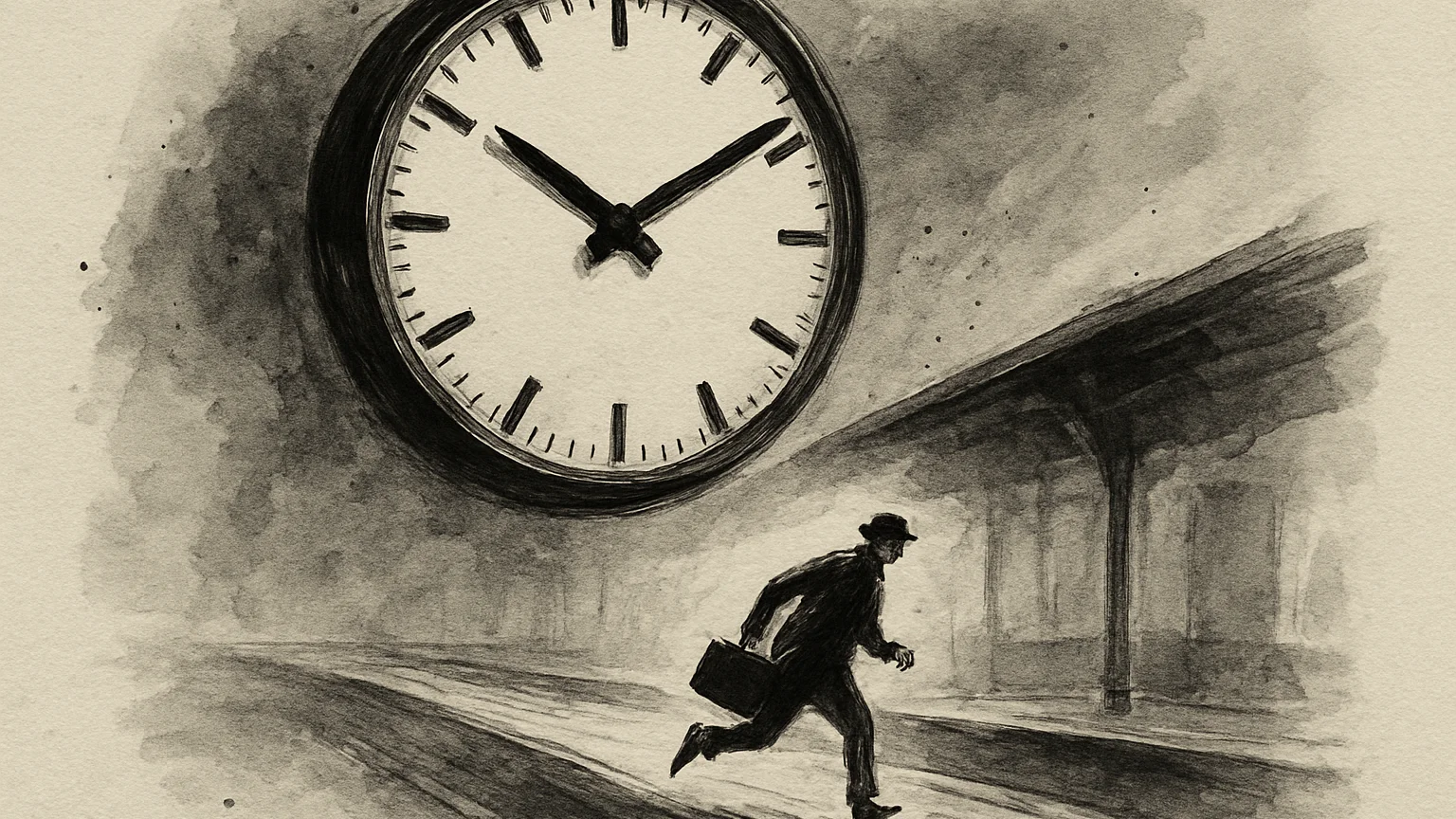 Ink wash drawing of a small hurrying figure beneath a huge blank station clock