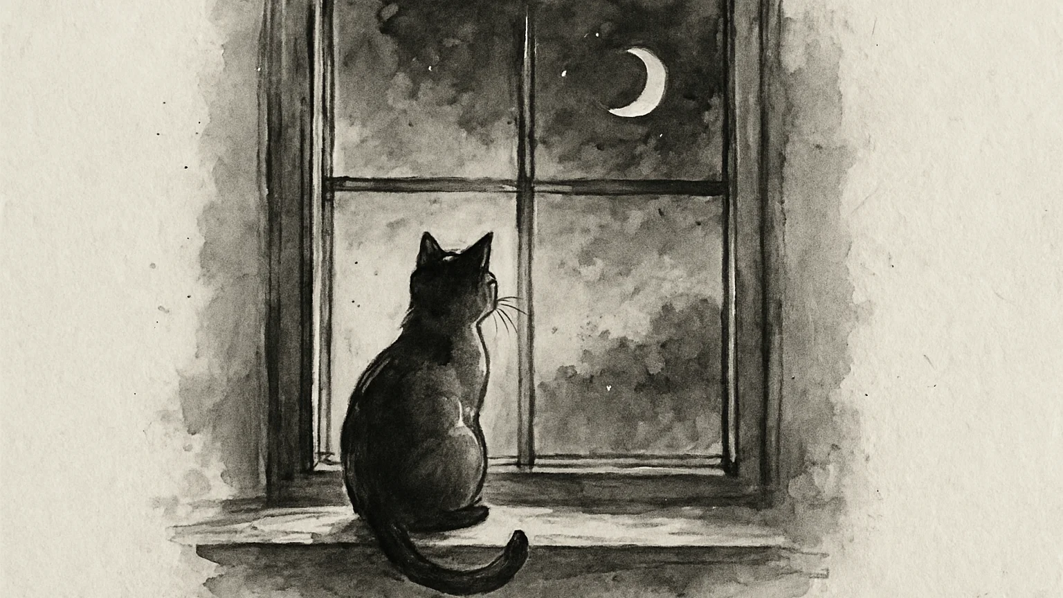 Ink wash drawing of a cat on a windowsill at night, watching something beyond the frame