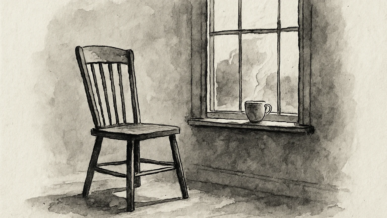 Ink wash drawing of an empty chair by a window, steam rising from a cup on the sill