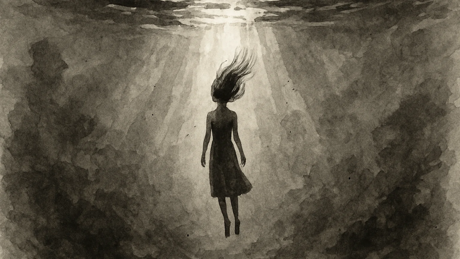 Ink wash drawing of a figure suspended beneath the water, light breaking through the surface above