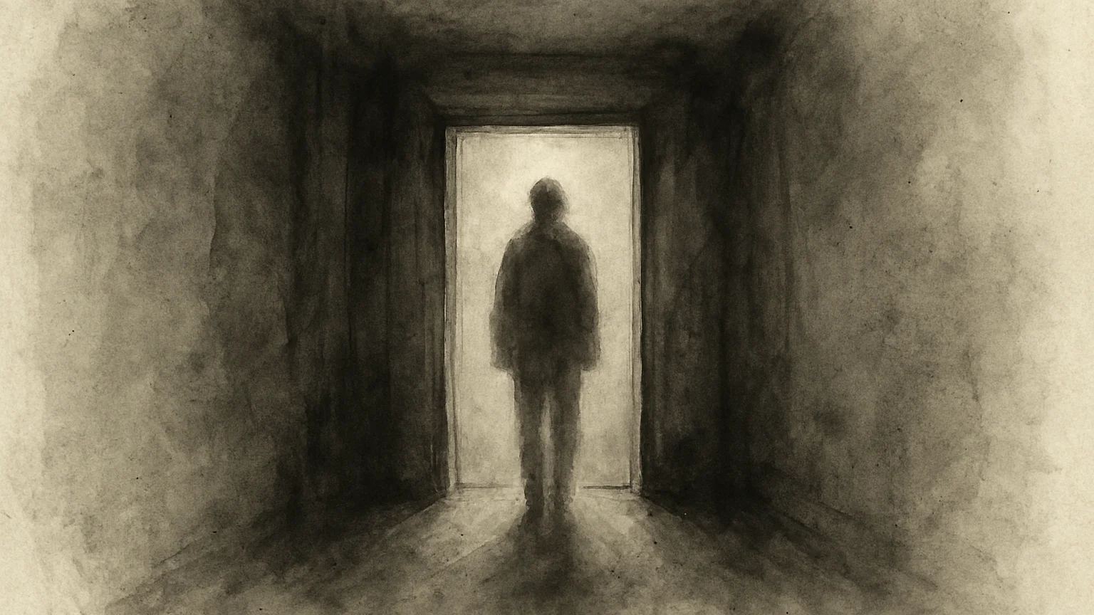 Ink wash drawing of a blurred figure standing in a lit doorway at the end of a dark hallway
