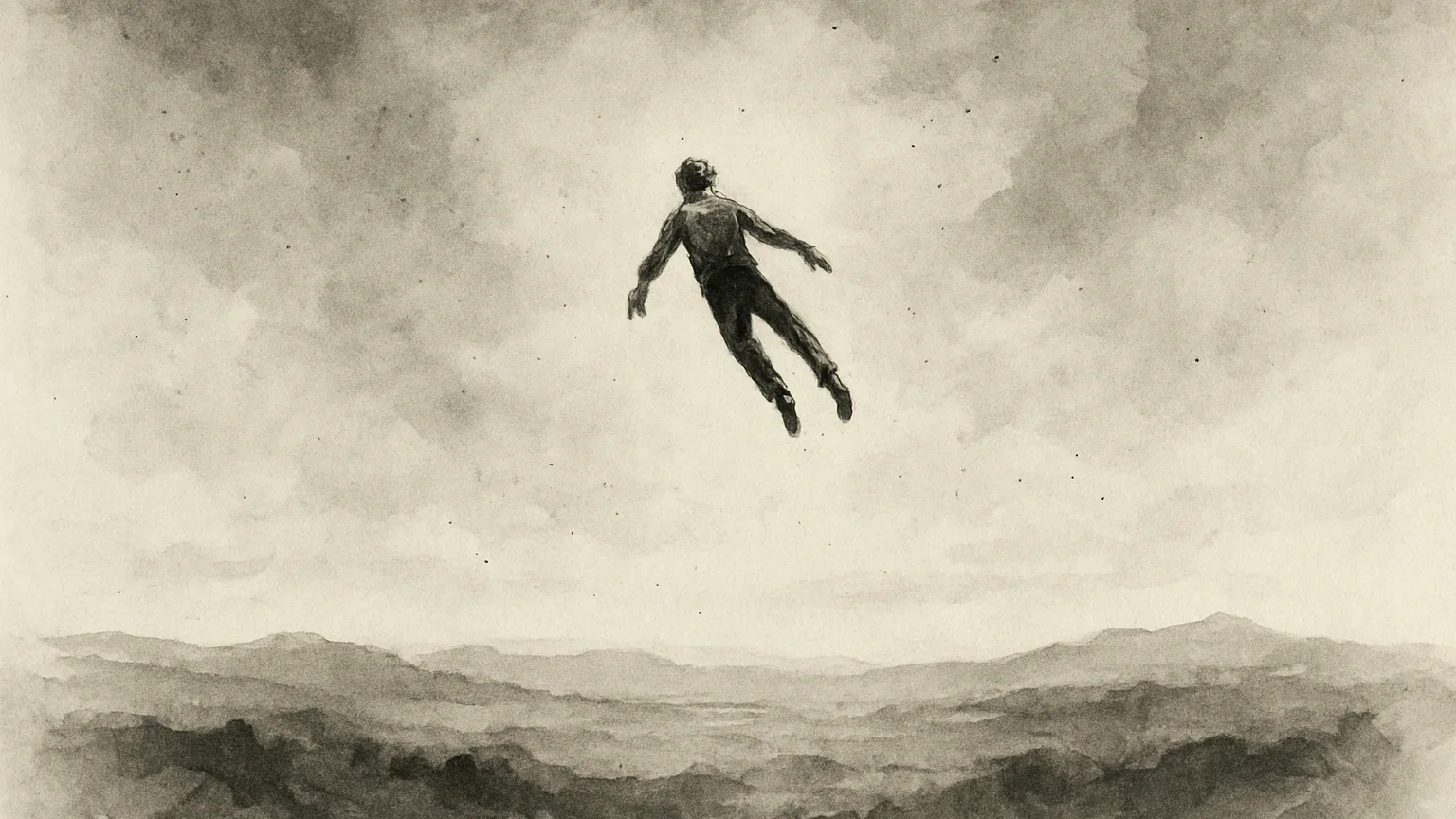 Ink wash drawing of a small figure suspended in mid-air far above a faint landscape