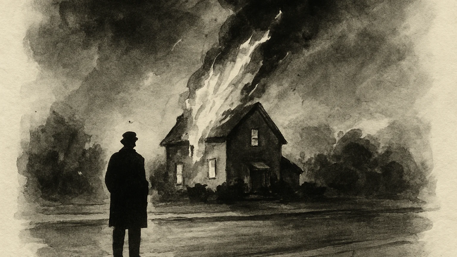 Ink wash drawing of a figure watching a burning house, smoke rising in one sweep of ink