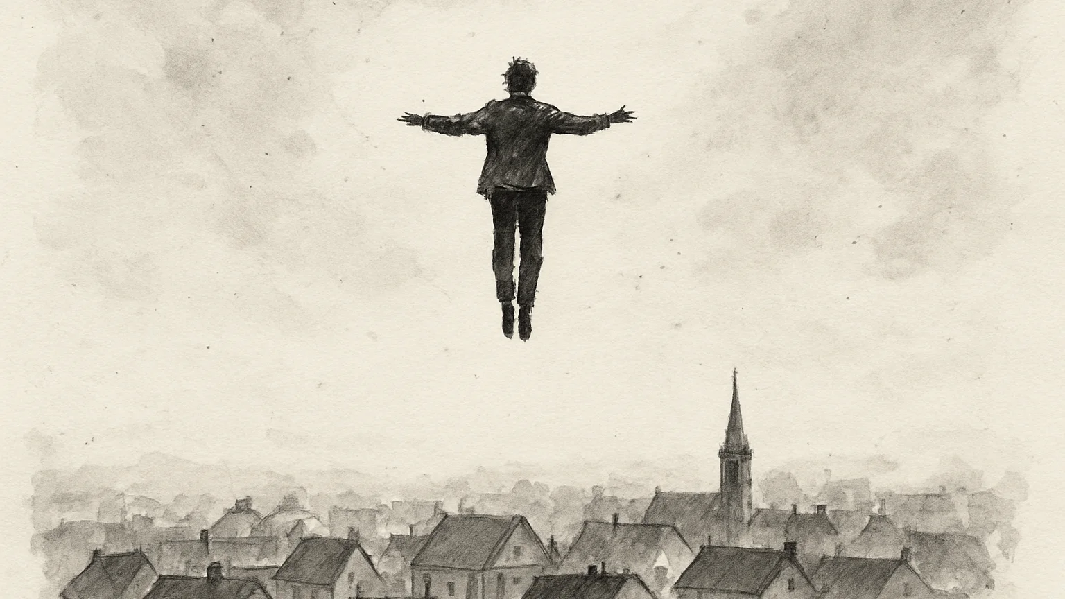 Ink wash drawing of a tiny figure flying above pale rooftops, arms spread wide