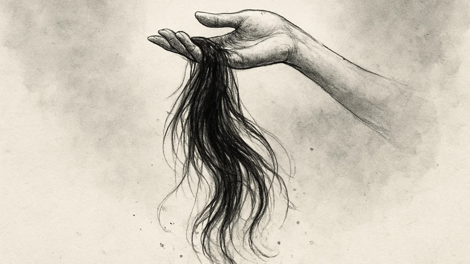 Ink wash drawing of long strands of hair drifting from an open hand