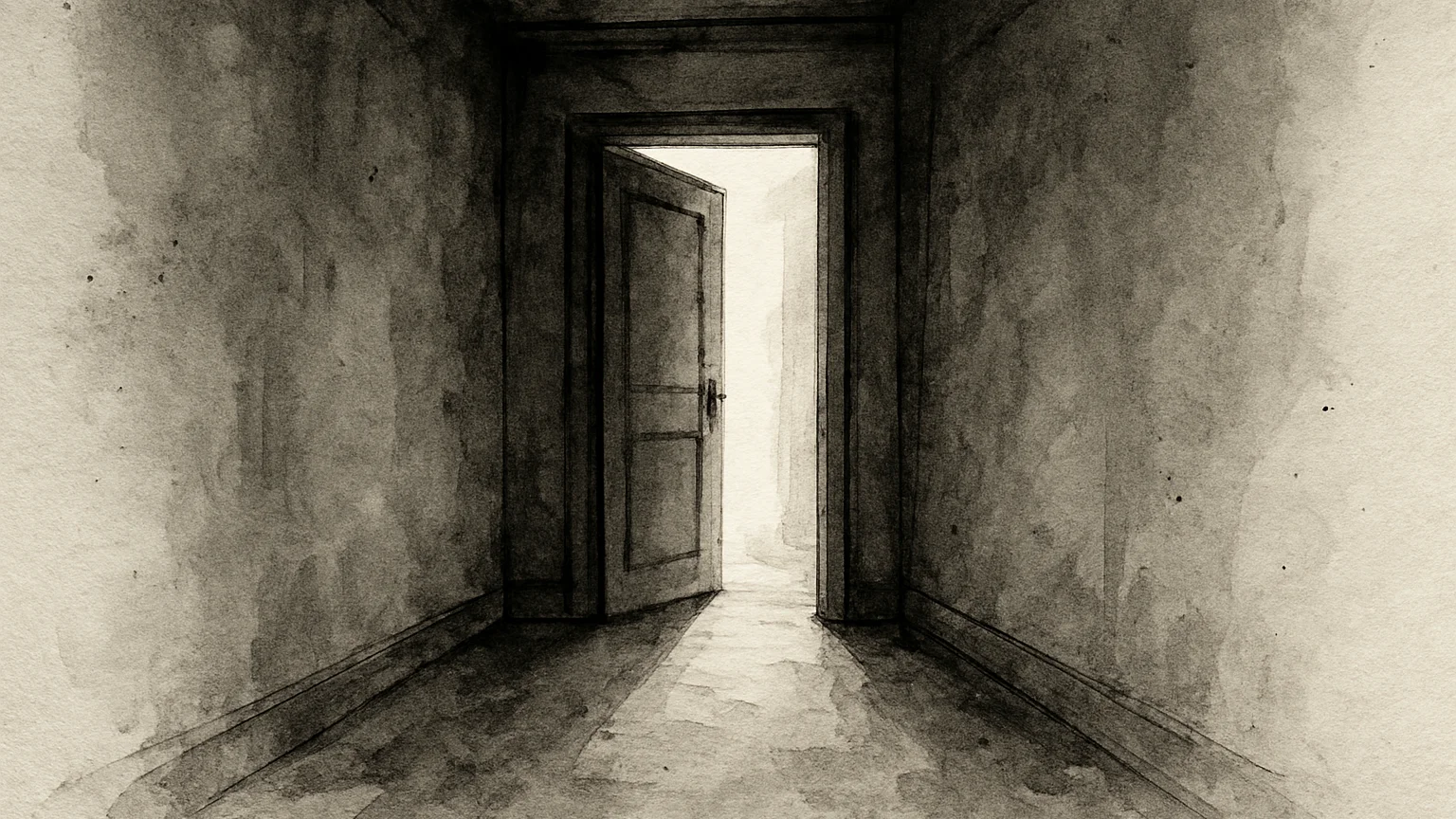 Ink wash drawing of a hallway with an unexpected open door, light spilling through
