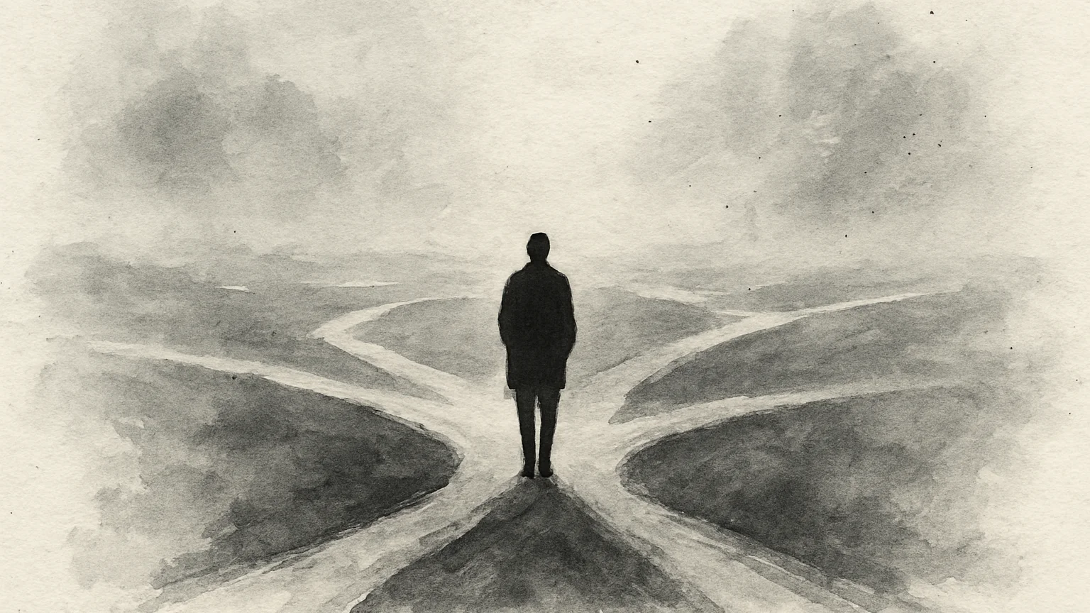 Ink wash drawing of a figure among diverging paths that fade into fog