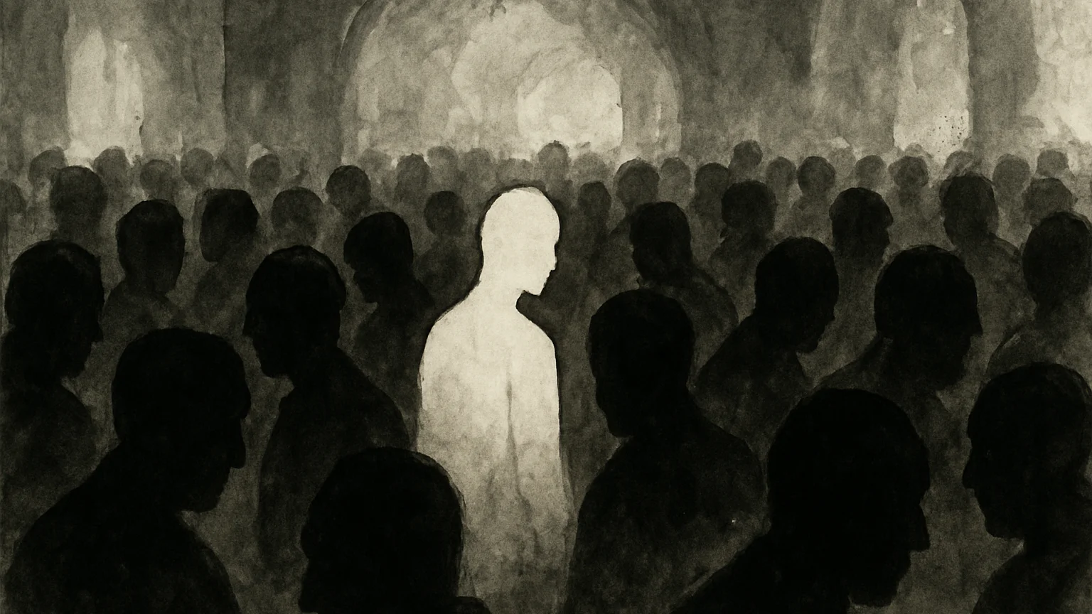 Ink wash drawing of a crowd in dark ink surrounding one figure drawn as a pale empty outline