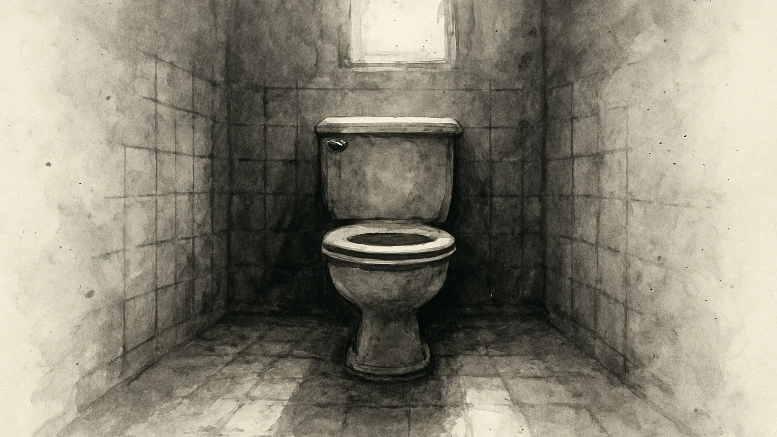 Ink wash drawing of a toilet in a small tiled bathroom, light falling across the floor