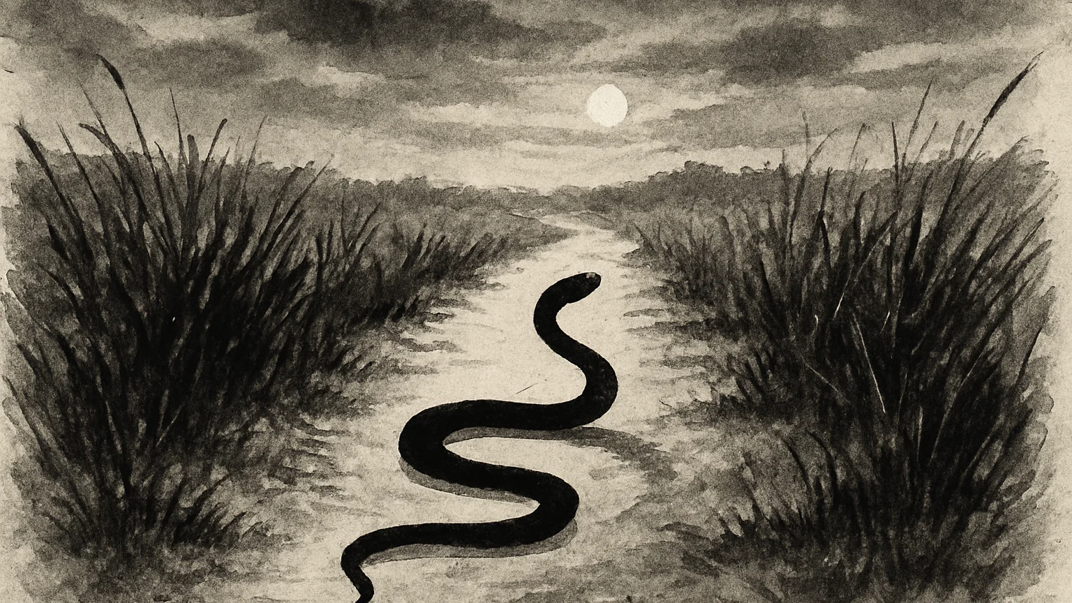 Ink wash drawing of a snake crossing a narrow path, its body a single brushstroke