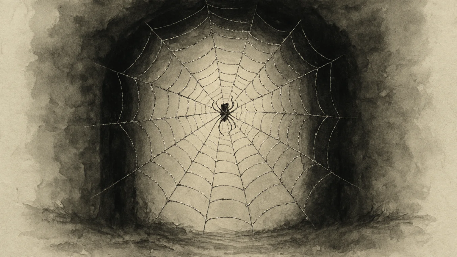 Ink wash drawing of a delicate web spanning a dark doorway with a single spider at its center