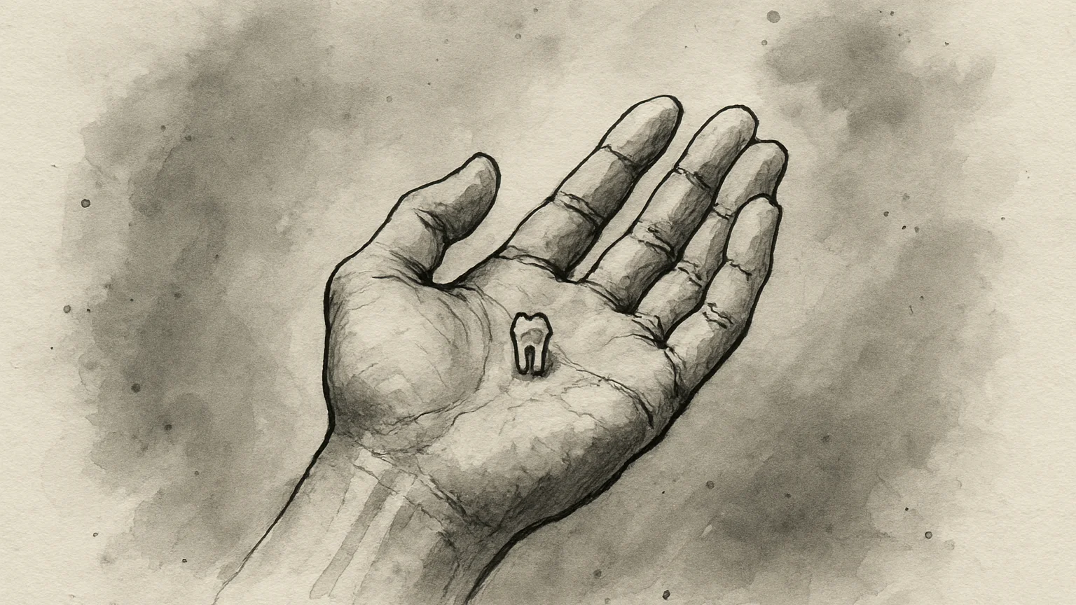Ink wash drawing of an open hand holding a single loose tooth, surrounded by empty paper