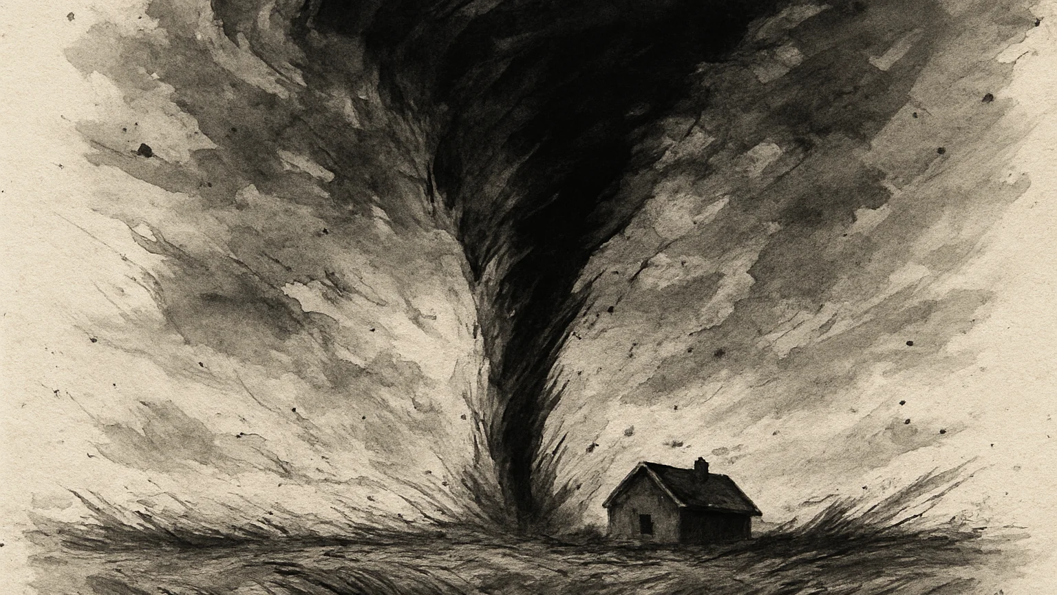 Ink wash drawing of a dark funnel cloud on the horizon dwarfing a small farmhouse